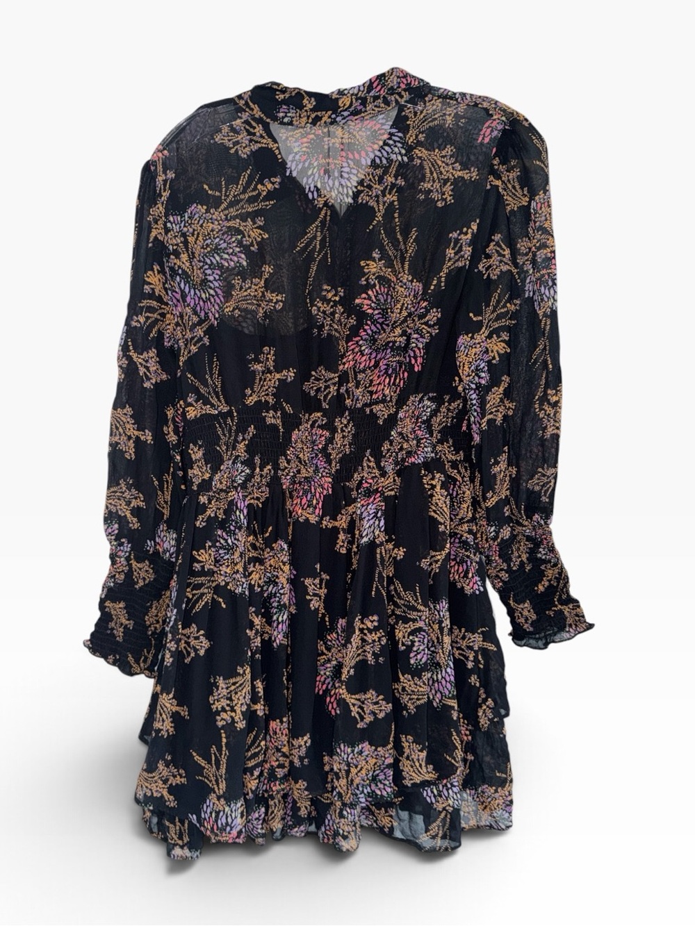 Free People Fake Pretend Black Print Long Sleeve Mini Dress size Medium - Picture 5 of 12